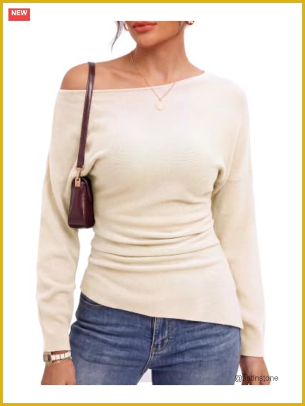 Women's Off Shoulder Sweater Long Sleeve Cinched Waist Knit Tops